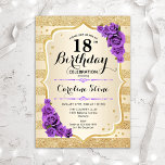 18th Birthday - Gold Stripes Purple Roses Invitation<br><div class="desc">18th Birthday Invitation. Elegant design in gold and purple. Features faux glitter gold stripes,  purple roses stylish script font and confetti. Perfect for a glam birthday party.</div>