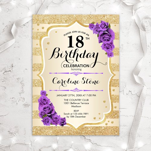 18th Birthday _ Gold Stripes Purple Roses Invitation