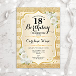 18th Birthday - Gold Stripes White Roses Invitation<br><div class="desc">18th Birthday Invitation. Elegant floral design in gold and white. Features faux glitter gold stripes,  white roses stylish script font and confetti. Perfect for a glam birthday party.</div>