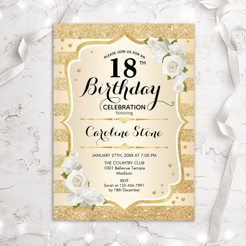 18th Birthday _ Gold Stripes White Roses Invitation