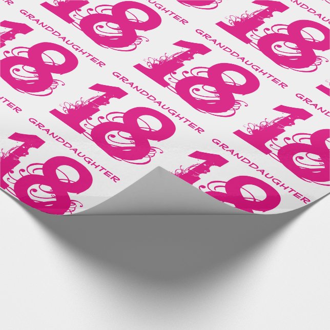 18th Birthday granddaughter, pink text on white. Wrapping Paper (Corner)