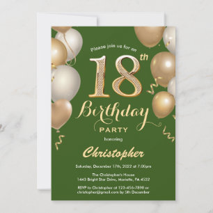 18th Birthday Green and Gold Balloons Confetti Invitation