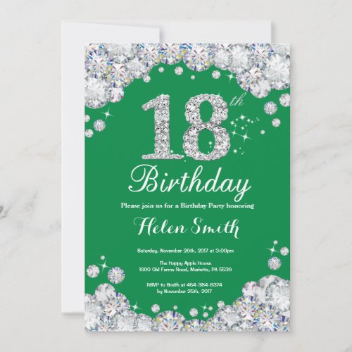 18th Birthday Green and Silver Diamond Invitation