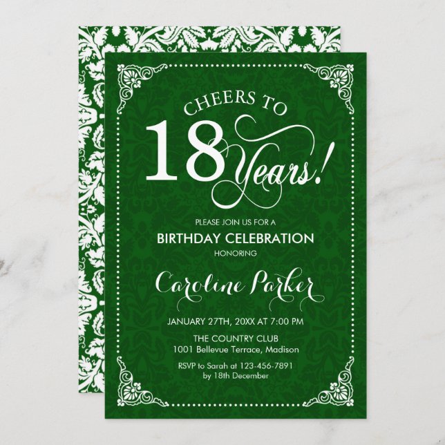 18th Birthday - Green Damask Invitation (Front/Back)