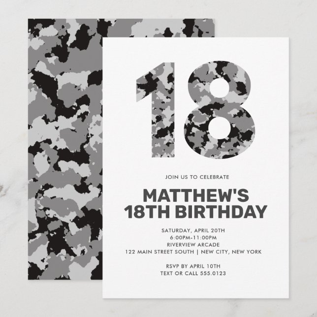 18TH Birthday, Grey Camo Personalized Teen Invitation (Front/Back)