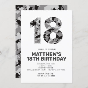18TH Birthday, Grey Camo Personalized Teen Invitation