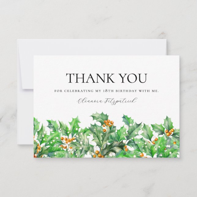 18th Birthday Holly December Birth Flower Custom Thank You Card (Front)