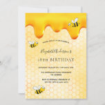 18th birthday honeycomb sweet bumble bees cute invitation<br><div class="desc">Elegant, fun, 18th birthday summer party invitation. Yellow, white background with a honeycomb pattern. Decorated with golden, dripping sweet honey and happy bumble bees. The name is written with a modern hand lettered style script. Black letters. Perfect for a summer tea party in a garden, backyard. Back: yellow white honeycomb...</div>