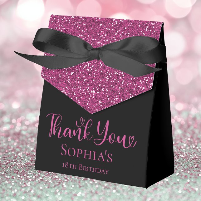 18th Birthday Hot Pink Glitter Black Thank You Favor Boxes (Creator Uploaded)