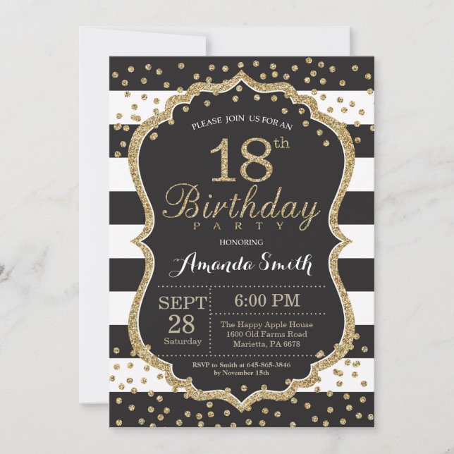 18th Birthday Invitation. Black and Gold Glitter Invitation (Front)