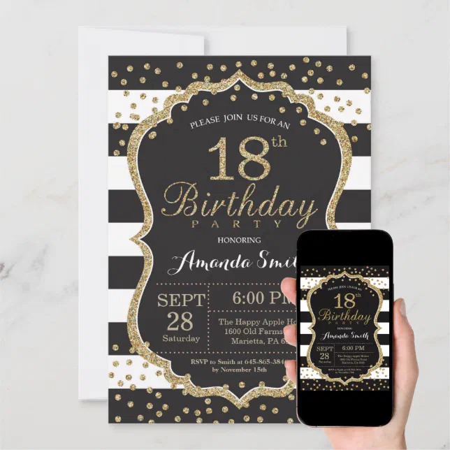 18th Birthday Invitation. Black and Gold Glitter Invitation | Zazzle