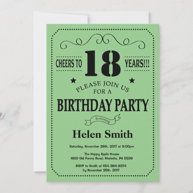 18th Birthday Invitation Black and Green (Front)