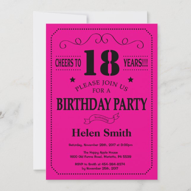 18th Birthday Invitation Black and Hot Pink (Front)