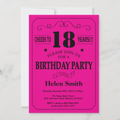 18th Birthday Invitation Black and Hot Pink