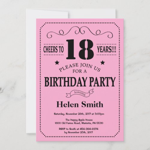 18th Birthday Invitation Black and Pink