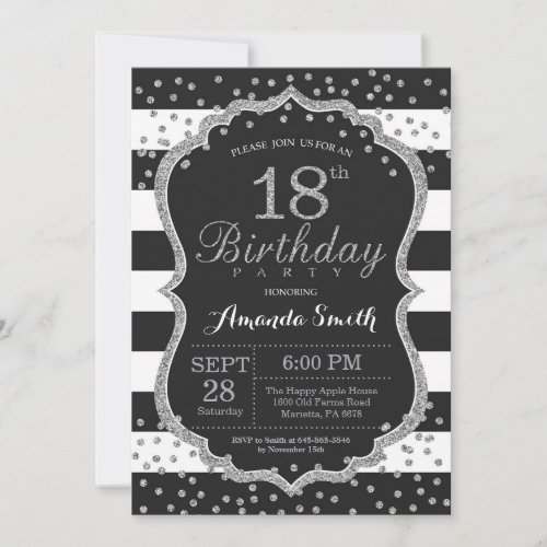 18th Birthday Invitation Black and Silver Glitter Invitation
