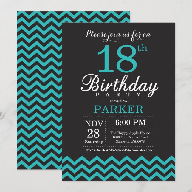 18th Birthday Invitation Black and Teal (Front/Back)