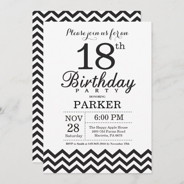 18th Birthday Invitation Black and White Chevron (Front/Back)