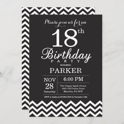 18th Birthday Invitation Black and White Chevron