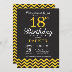 18th Birthday Invitation Black and Yellow Chevron