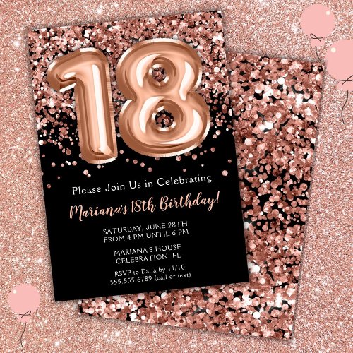 18th Birthday Invitation Black Rose Gold Glitter