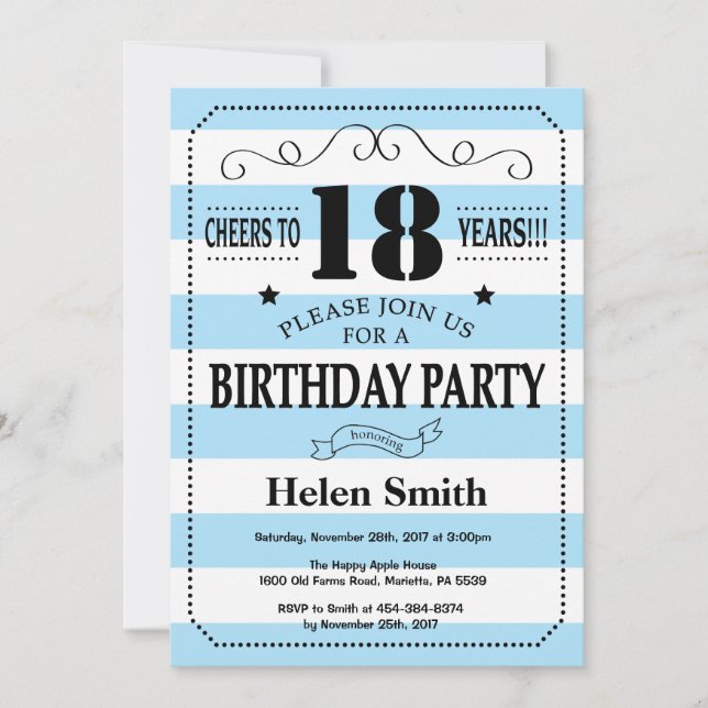 18th Birthday Invitation Blue and White Stripes (Front)
