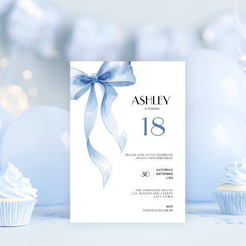 18th Birthday Invitation Blue Bow for Girls