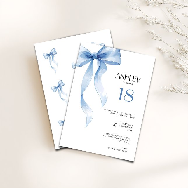 18th Birthday Invitation Blue Bow for Girls (Blue bow coquette 18th birthday invitation for girls)
