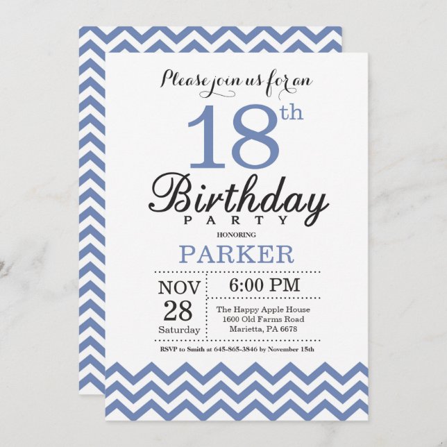 18th Birthday Invitation Blue Chevron (Front/Back)
