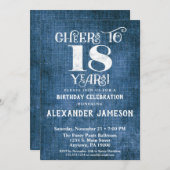18th Birthday Invitation Blue Linen Rustic Cheers (Front/Back)