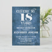 18th Birthday Invitation Blue Linen Rustic Cheers (Standing Front)