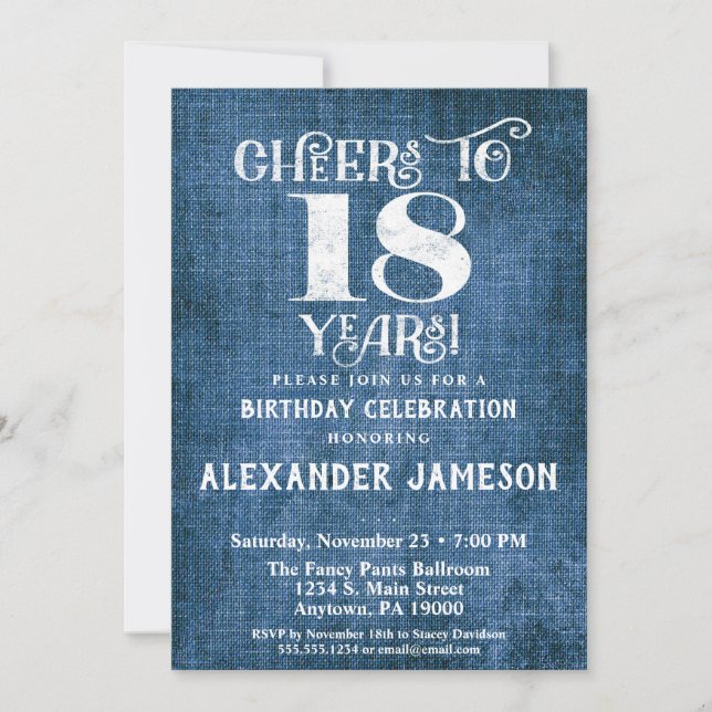 18th Birthday Invitation Blue Linen Rustic Cheers (Front)