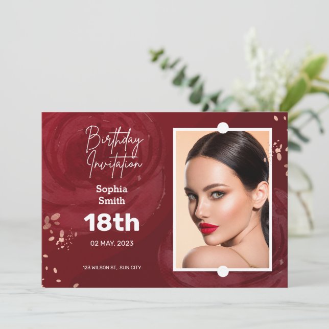 18th Birthday Invitation Card | Champagne Red (Standing Front)
