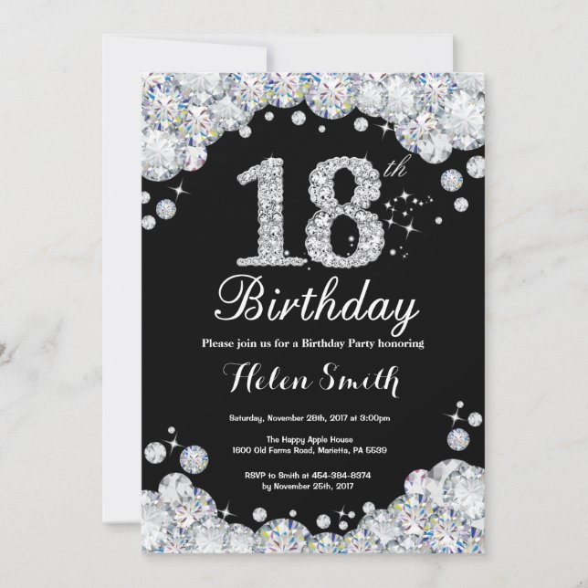 18th Birthday Invitation Chalkboard Silver Diamond (Front)