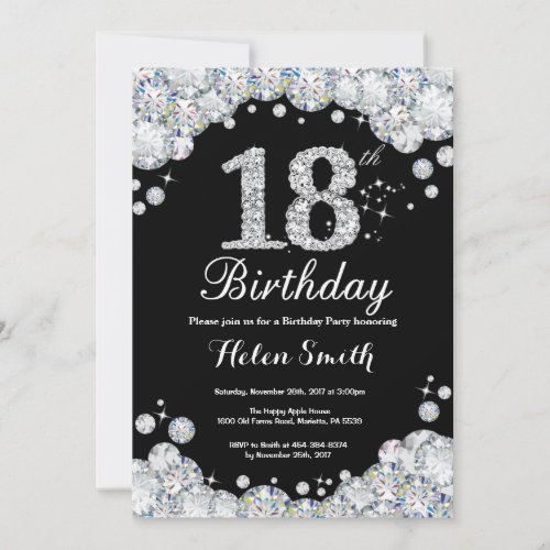 18th Birthday Invitation Chalkboard Silver Diamond