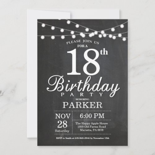 18th Birthday Invitation Chalkboard String Lights