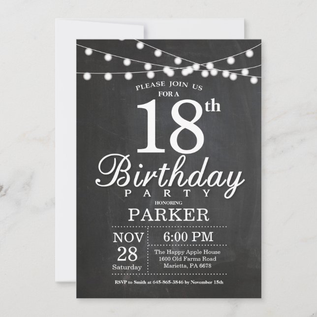 18th Birthday Invitation Chalkboard String Lights (Front)