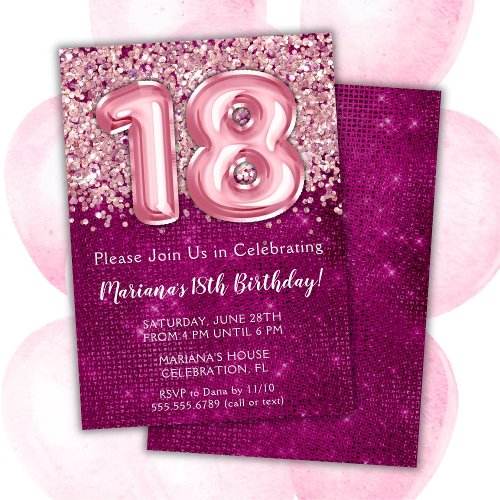 18th Birthday Invitation Girl Magenta Pink Glitter