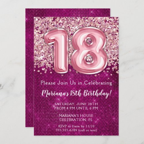 18th Birthday Invitation Girl Magenta Pink Glitter