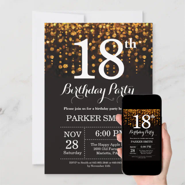 18th Birthday Invitation Gold Glitter | Zazzle