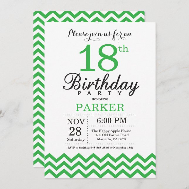 18th Birthday Invitation Green Chevron (Front/Back)