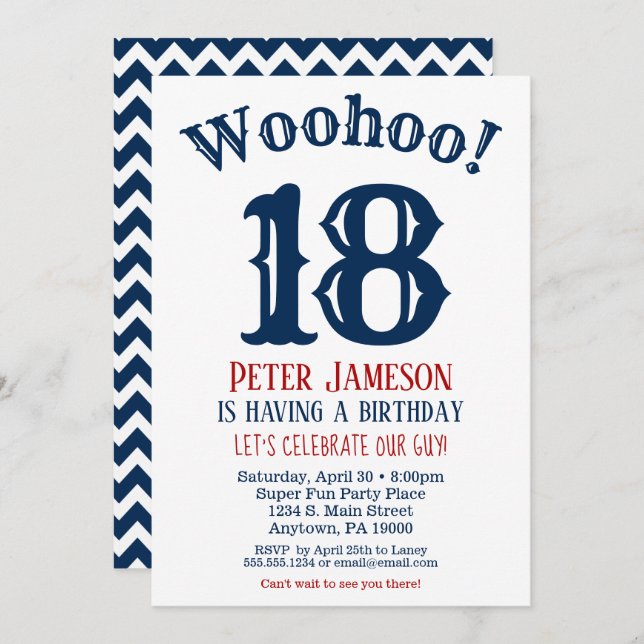 18th Birthday Invitation Mens Navy Blue (Front/Back)