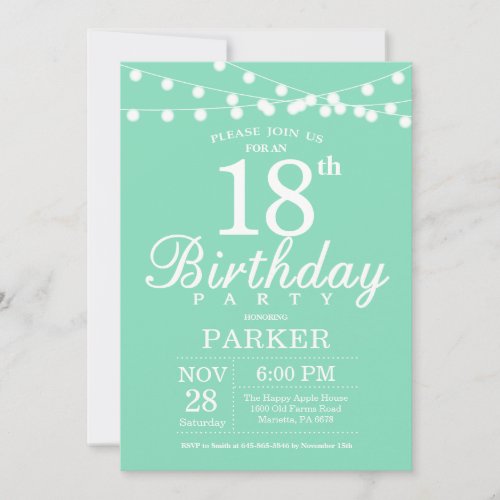 18th Birthday Invitation Mint Green