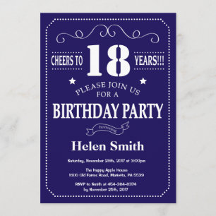 18th Birthday Invitation Navy Blue and White
