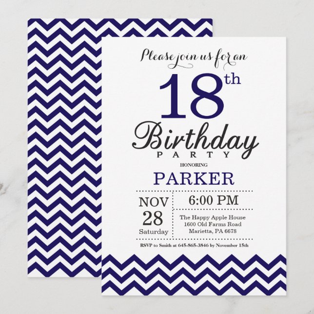 18th Birthday Invitation Navy Blue Chevron (Front/Back)