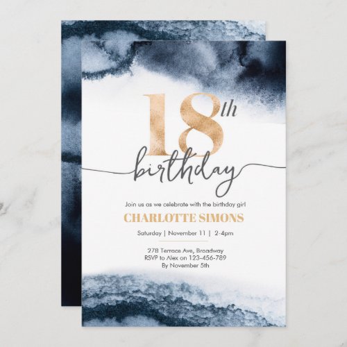 18th Birthday invitation Navy watercolor and gold