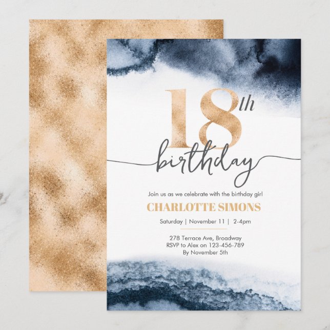 18th Birthday invitation Navy watercolor and gold (Front/Back)