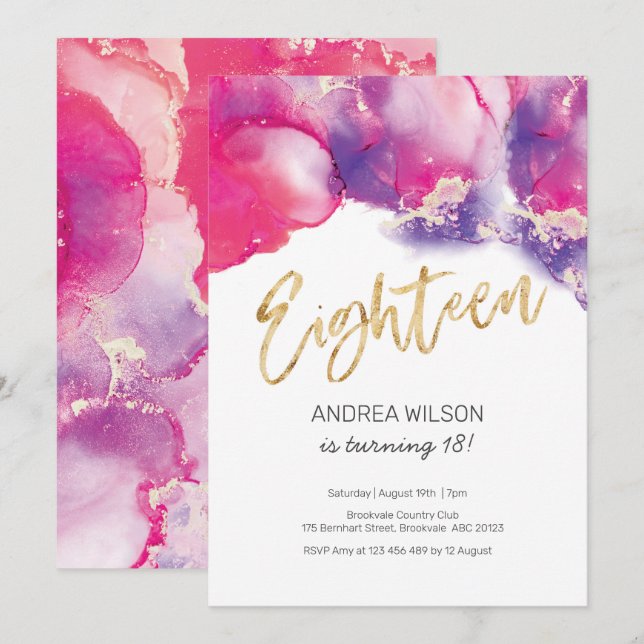 18th Birthday Invitation pink Abstract Watercolor (Front/Back)