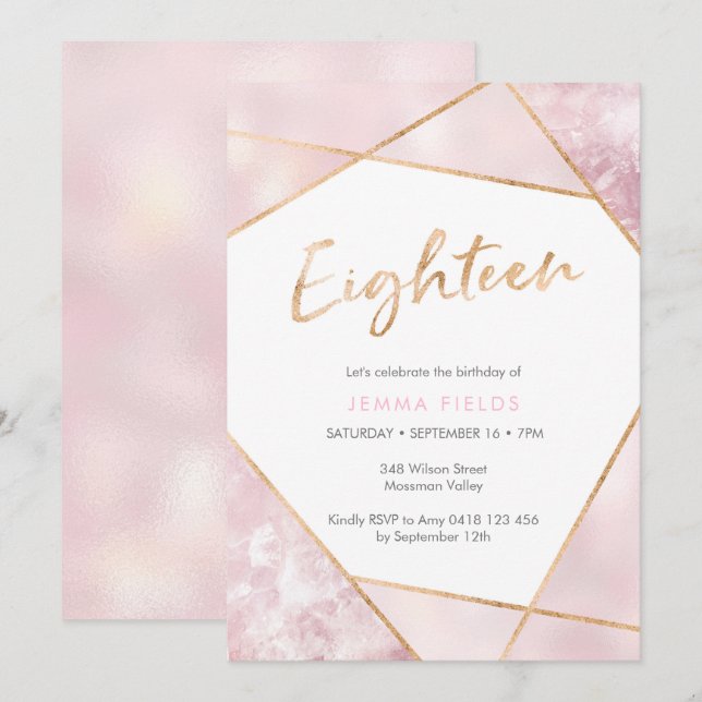 18th Birthday Invitation pink and gold (Front/Back)