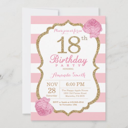 18th Birthday Invitation Pink and Gold Floral